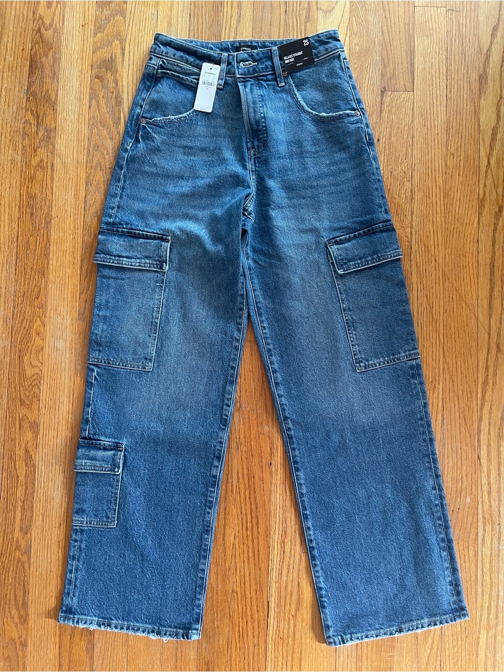Express Women's Straight Leg Cargo Jeans - Blue Denim